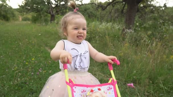 Meisje met een wandelwagen — Stockvideo