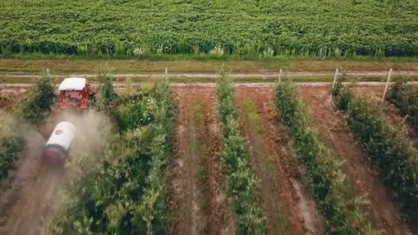 Appelboom, spuiten met een trekker — Stockvideo