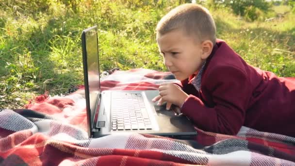 Der Junge schaut auf den Computer — Stockvideo