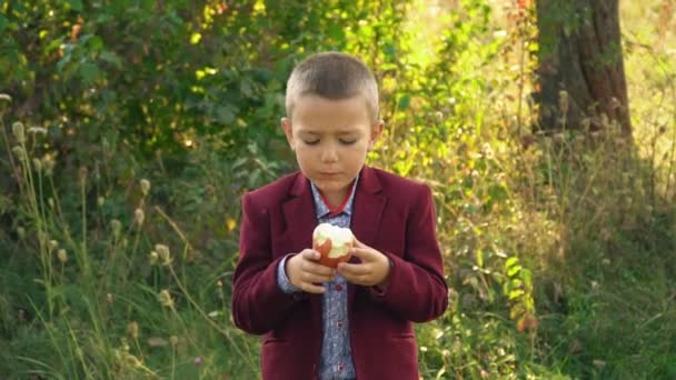 El chico está comiendo una manzana — Vídeos de Stock