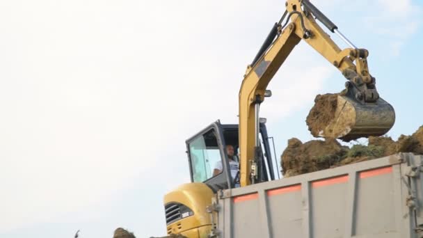 Escavadeira carrega um caminhão — Vídeo de Stock