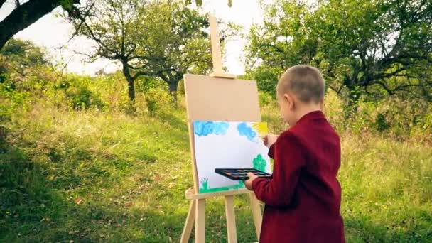 Pojke bygger på naturen — Stockvideo