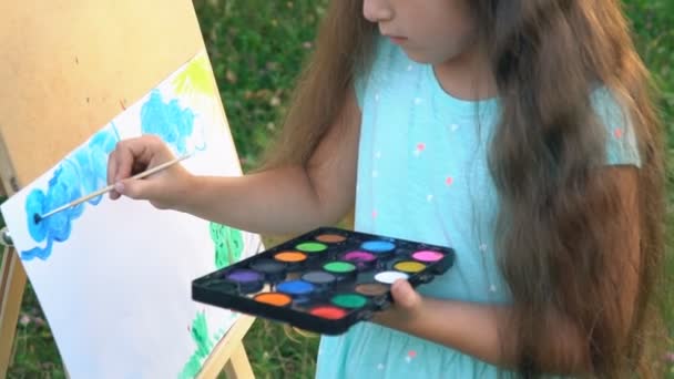 Little girl draws on nature — Stock Video