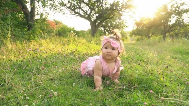 Niña en vestido rosa — Vídeo de stock