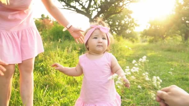 Mom Little Daughter Same Dresses Outdoors — Stock Video