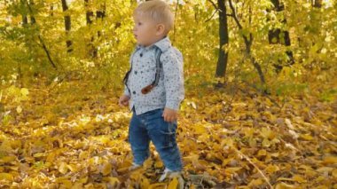 Sonbahar ormanında küçük bir çocuk