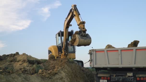 Excavadora carga un camión — Vídeo de stock