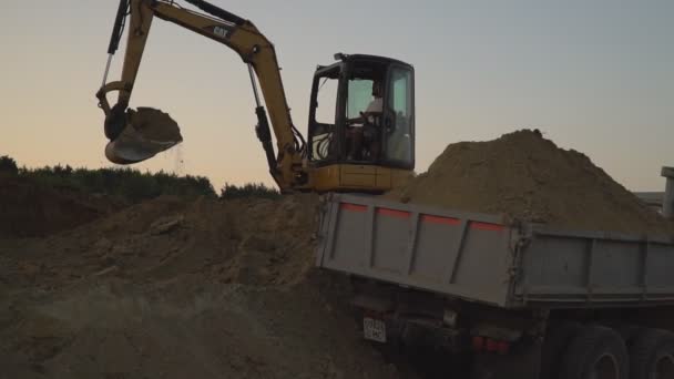 Graafmachine ladingen een vrachtwagen — Stockvideo