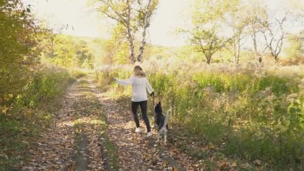 Fille avec une race de chien Husky — Video