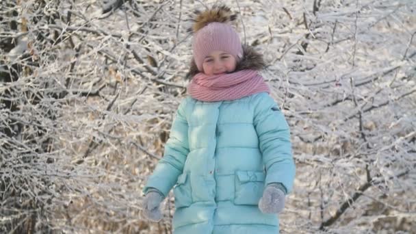 Niña en un parque cubierto de nieve — Vídeo de stock