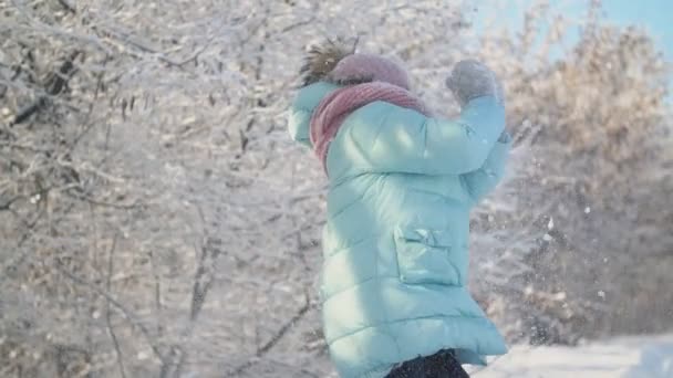 Niña en un parque cubierto de nieve — Vídeos de Stock