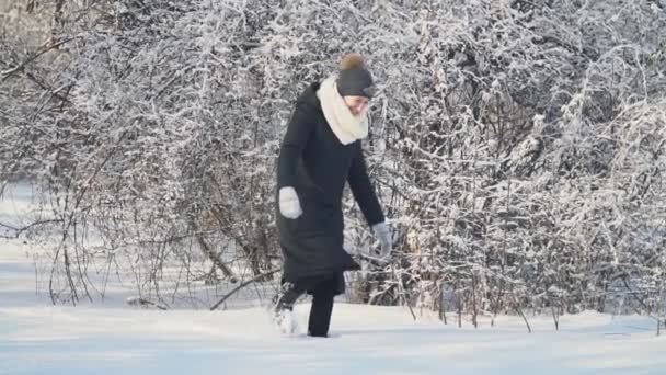 Donna che cerca di camminare nella neve — Video Stock