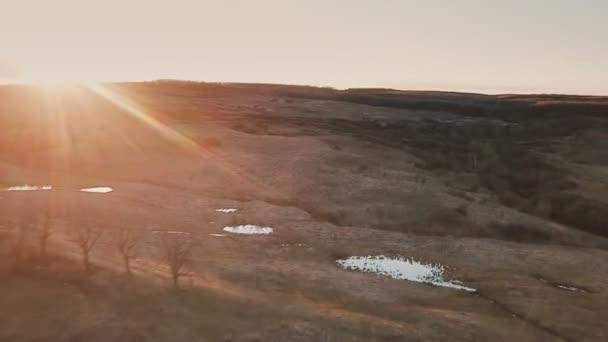 Захід сонця в ранньому весняному пасовищі — стокове відео
