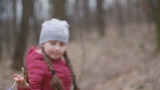 Meisje verzamelt sneeuwklokjes — Stockvideo