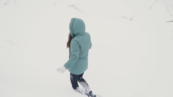 Женщина ходит по снегу — стоковое видео
