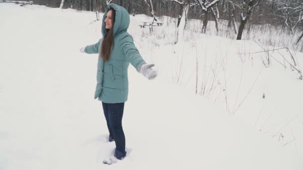 Дівчина робить ангела в снігу — стокове відео