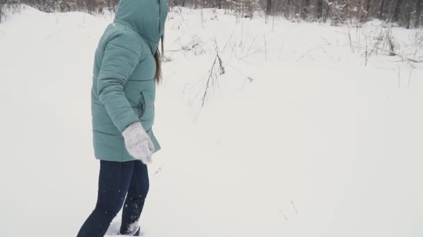 Mujer caminando en la nieve — Vídeos de Stock