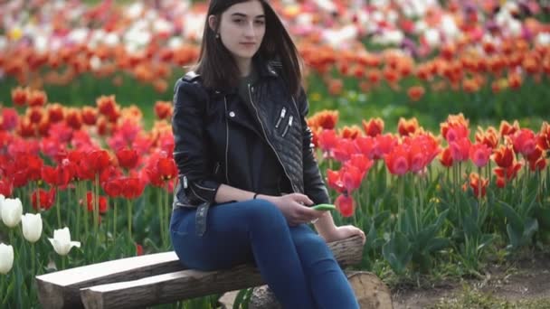 Девушка с телефоном в руке на тюльпановом поле — стоковое видео