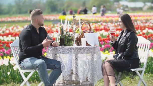 Giovane coppia seduta a tavola e bere vino — Video Stock
