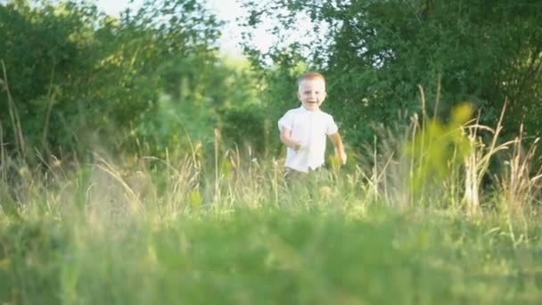 Menino correndo através do gramado — Vídeo de Stock