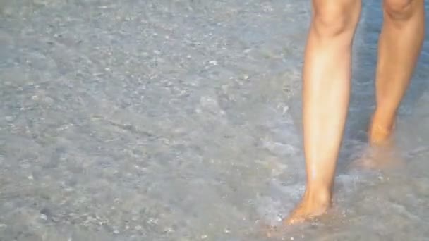 Женские ноги ходят по морю — стоковое видео