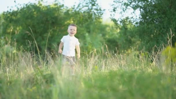 Ragazzo che corre attraverso il prato — Video Stock