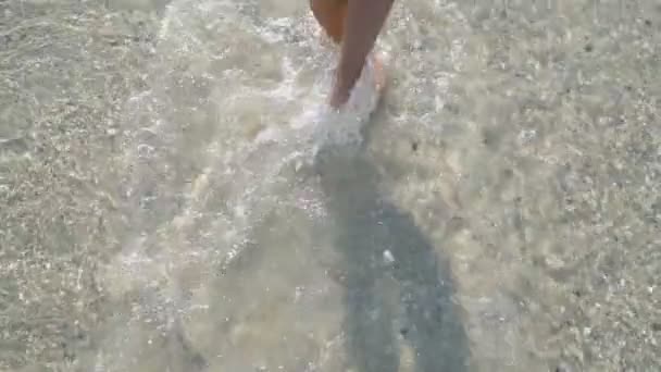 Πόδια ενός κοριτσιού που περπατάει δίπλα στη θάλασσα — Αρχείο Βίντεο
