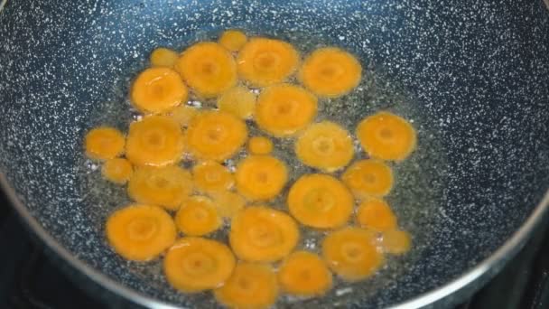 Fry carrot slices in a pan — Stock Video