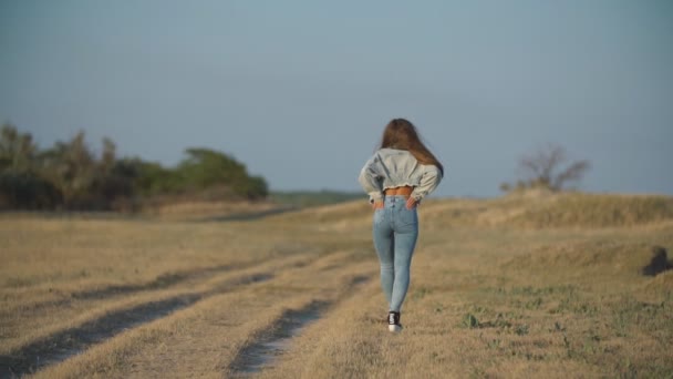 Meisje in jeans wandelingen langs de weg — Stockvideo