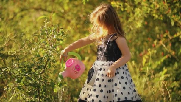 Gadis kecil menyiram pohon. — Stok Video