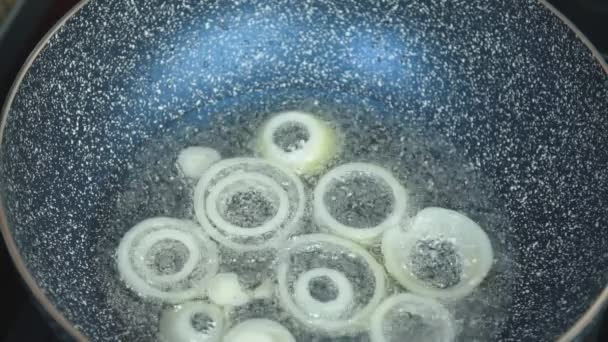 Goreng irisan bawang dalam penggorengan — Stok Video