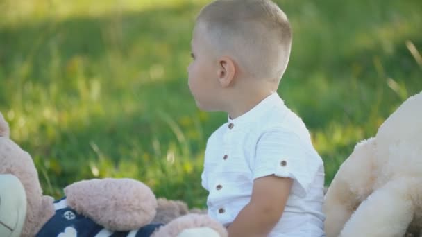 Kleiner Junge sitzt auf einer Decke mit Teddybären — Stockvideo