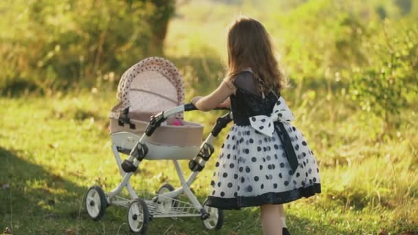 Meisje wandelen met een kinderwagen — Stockvideo