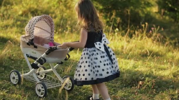 Girl walking with a stroller — Stock Video