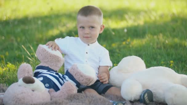 Niño con juguetes suaves sentado en una manta — Vídeos de Stock