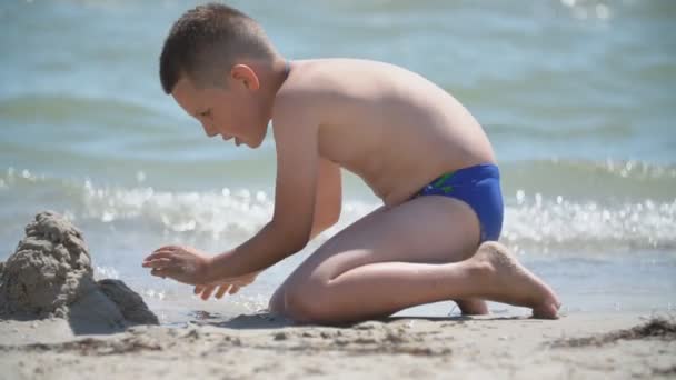 Kinderen bouwen een zandkasteel — Stockvideo