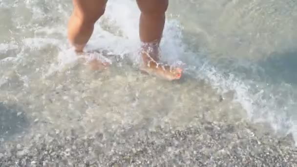 Женские ноги ходят по мелкому морю — стоковое видео
