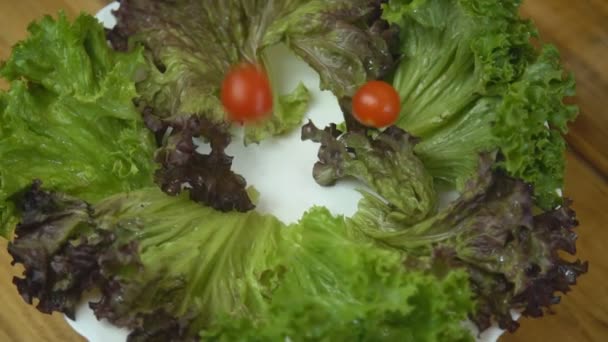 Kirschtomaten fallen in einen Teller mit Salat — Stockvideo