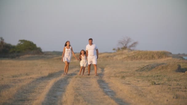 Aile toprak bir yolda yürüyor. — Stok video