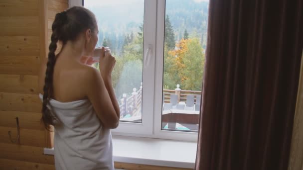 Flicka dricker te nära fönstret — Stockvideo