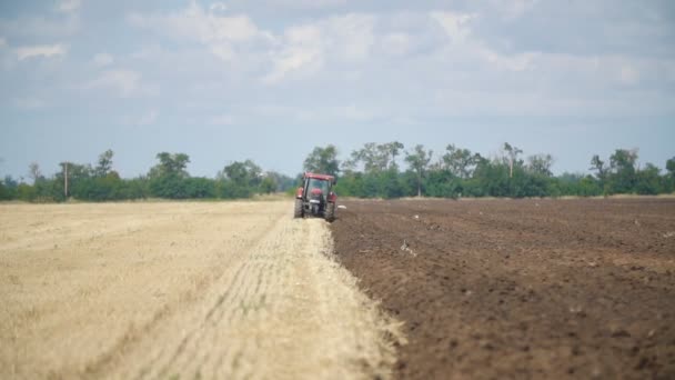 Roter Traktor pflügt ein Feld — Stockvideo