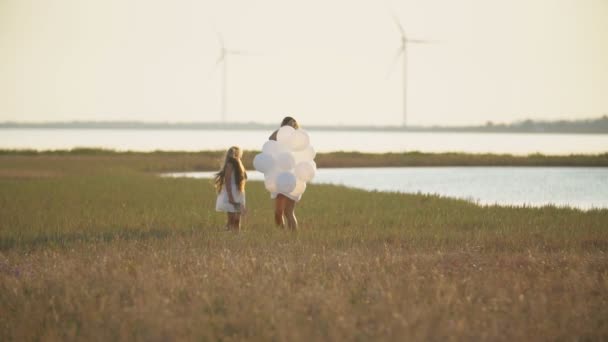 Mamá y su hija caminan en el campo — Vídeos de Stock