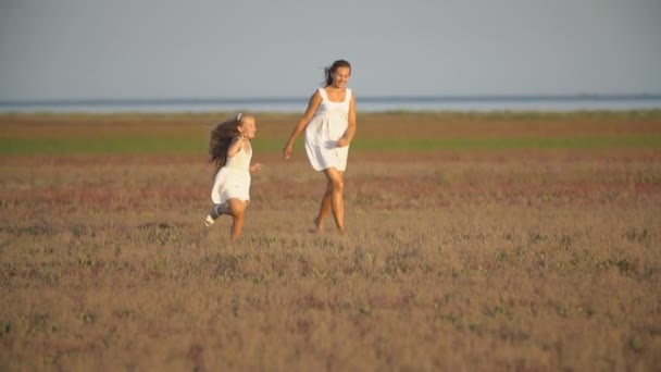Anne ve kızı çimenlerde koşuyorlar. — Stok video