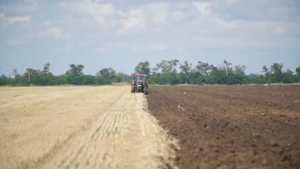 Roter Traktor pflügt ein Feld — Stockvideo