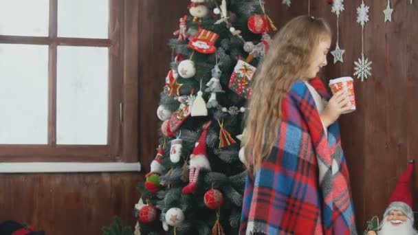 Mädchen in der Nähe von Weihnachtsbaum — Stockvideo