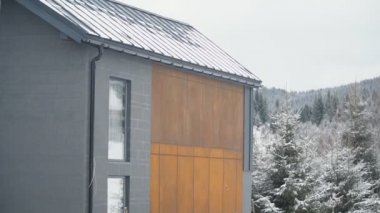 Evin bir kısmı Noel ağaçlarının arka planına karşı.