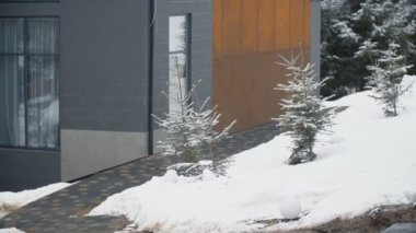 Evin bir kısmı Noel ağaçlarının arka planına karşı.
