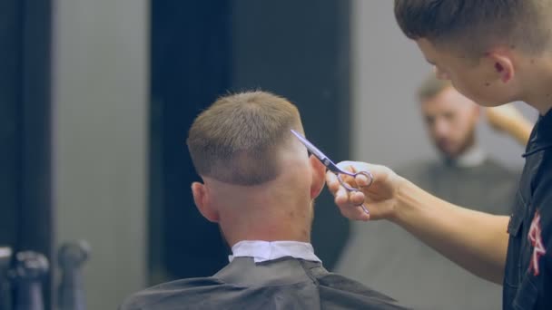 Corte de pelo hombres con tijeras — Vídeo de stock