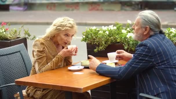 Bejaarde echtpaar zit aan tafel — Stockvideo