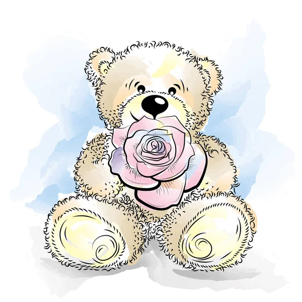 Dibujo de oso de peluche con flor — Vector de stock